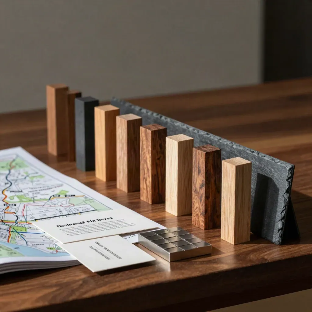 Wooden role blocks, face-down staffing cards, and a metal cube grid on a walnut planning bench.