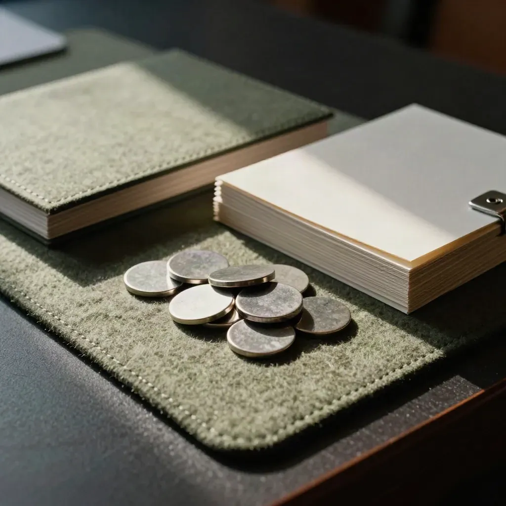 Textured training materials on felt mat with binder, cue-card sleeves, and round tokens