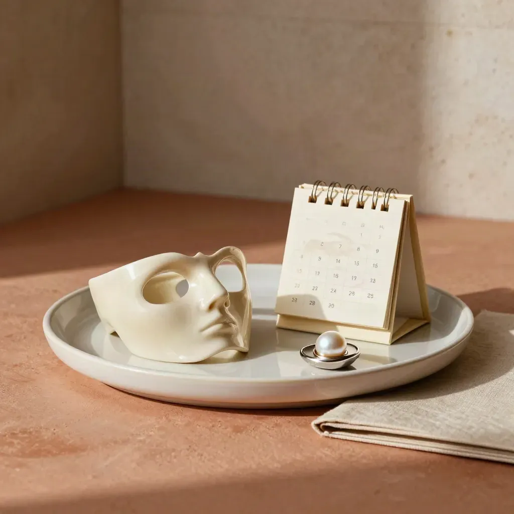 Client success still life with handset, calendar block and polished tokens on a terracotta tray.