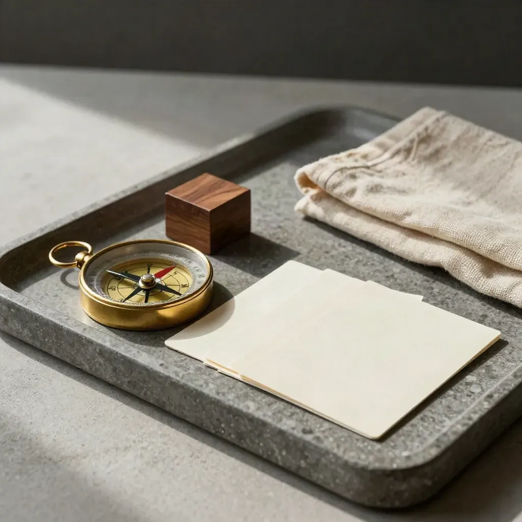 Brass compass, walnut block, and planning cards on a stone tray with soft daylight.