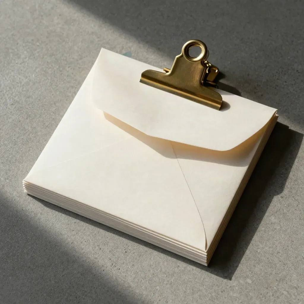 Brass clip holding an HR file stack with teal tab on concrete
