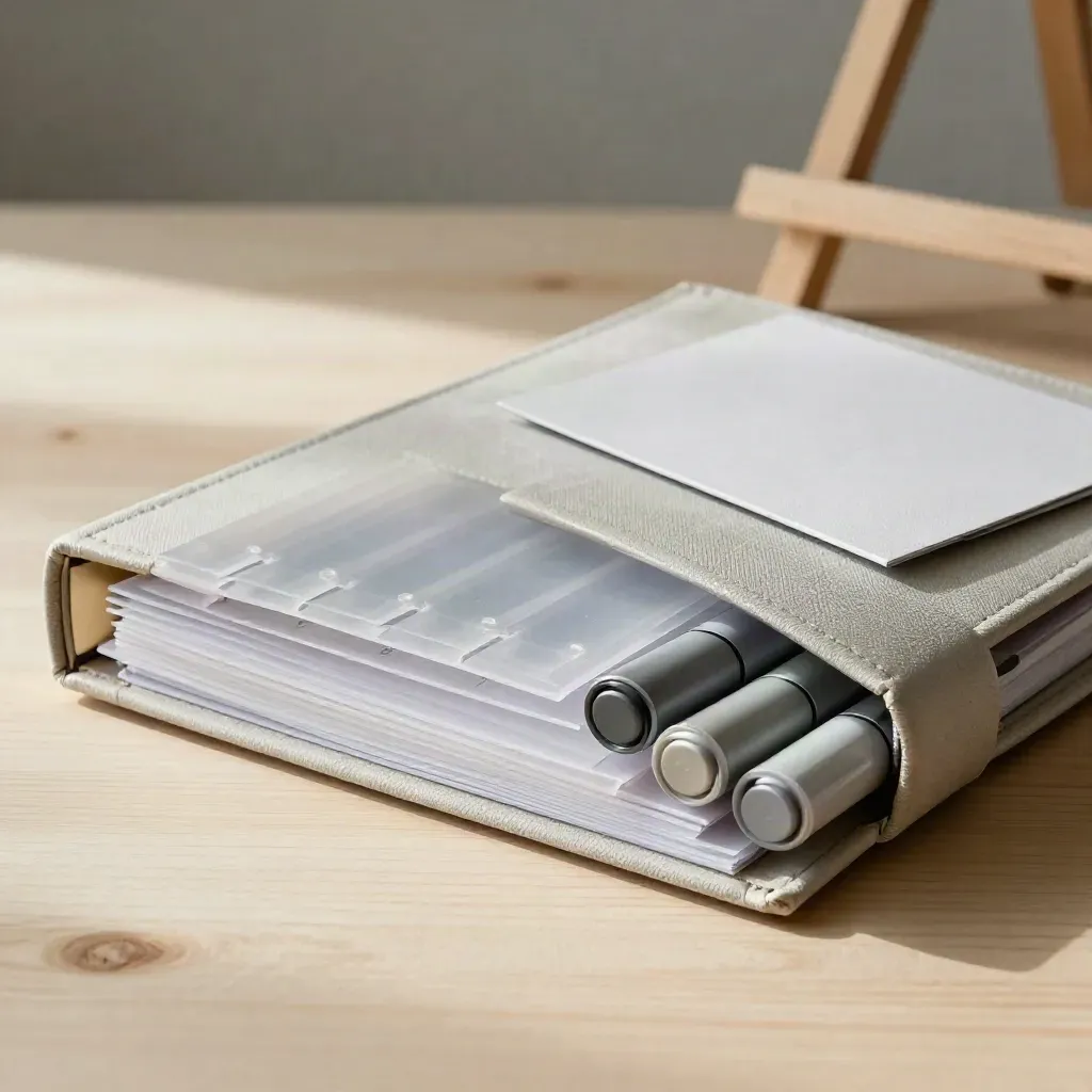 Training binder kit with dividers, marker caps, and easel on pale wood in soft side light.