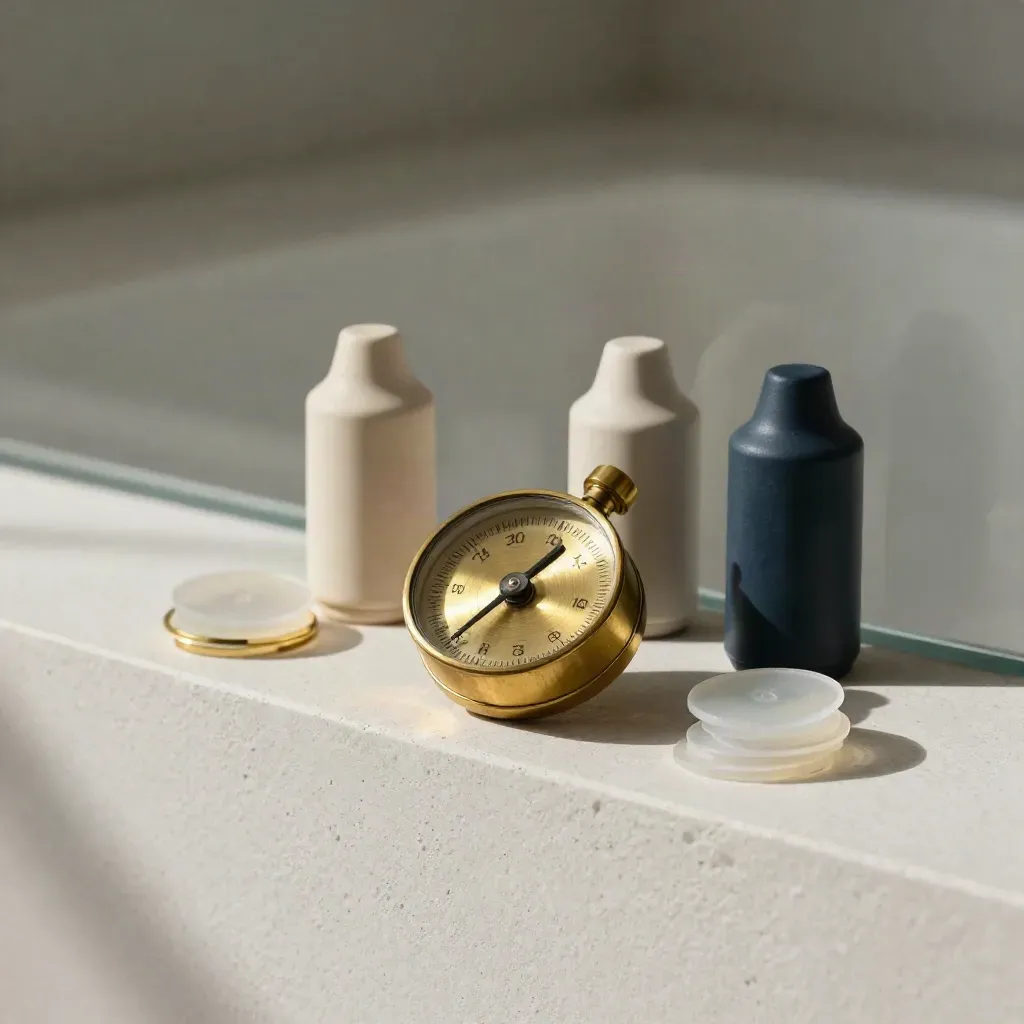 Brass dial with ceramic markers and tracking chips on a plaster ledge beside glass.