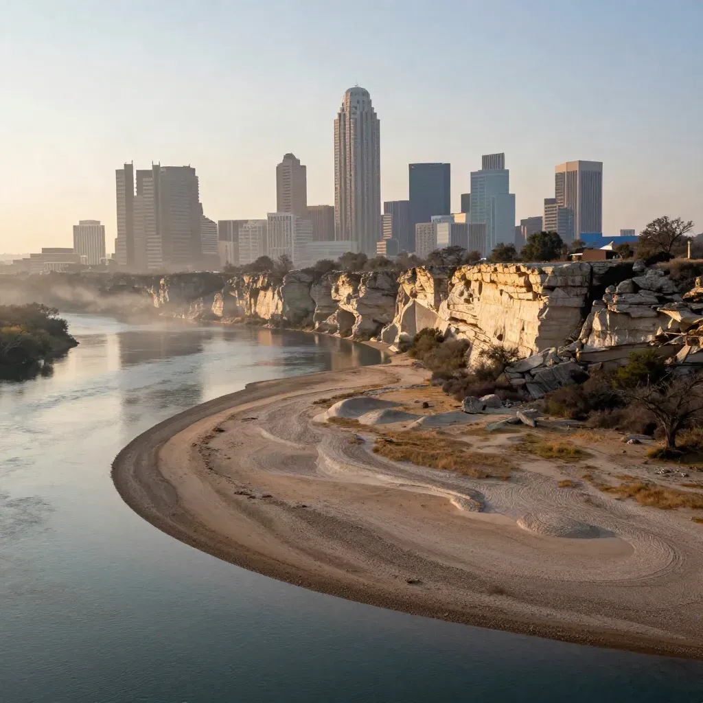 Austin skyline above the Colorado River at dawn with calm water and limestone bluff