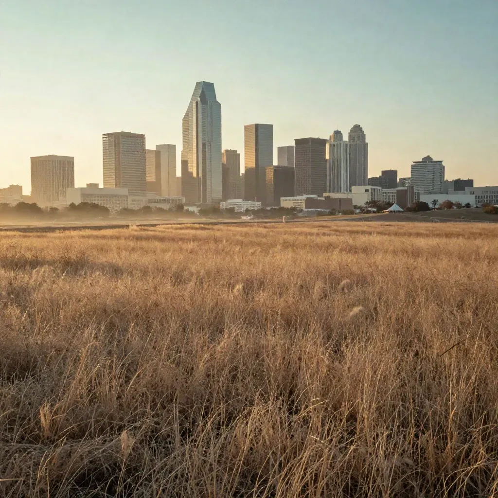 Dallas skyline at sunrise above hazy North Texas prairie, wide calm space for copy