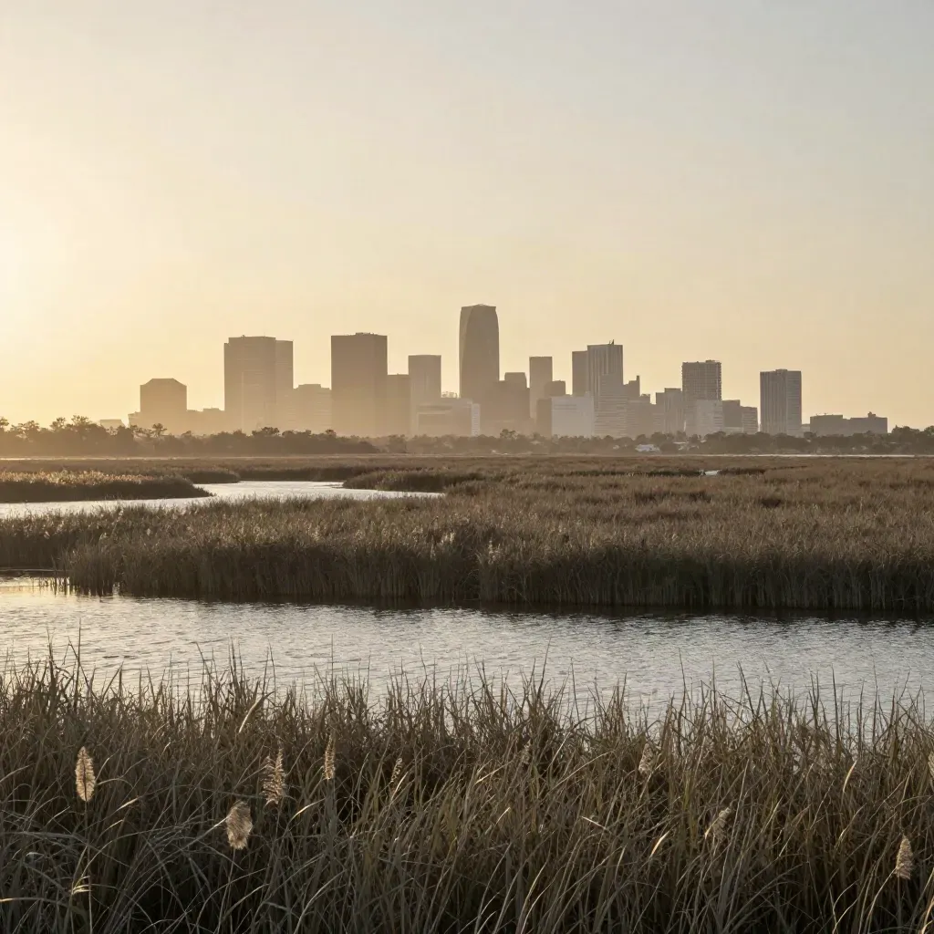 Houston skyline above Gulf Coast marsh reeds at sunset with hazy gold sky