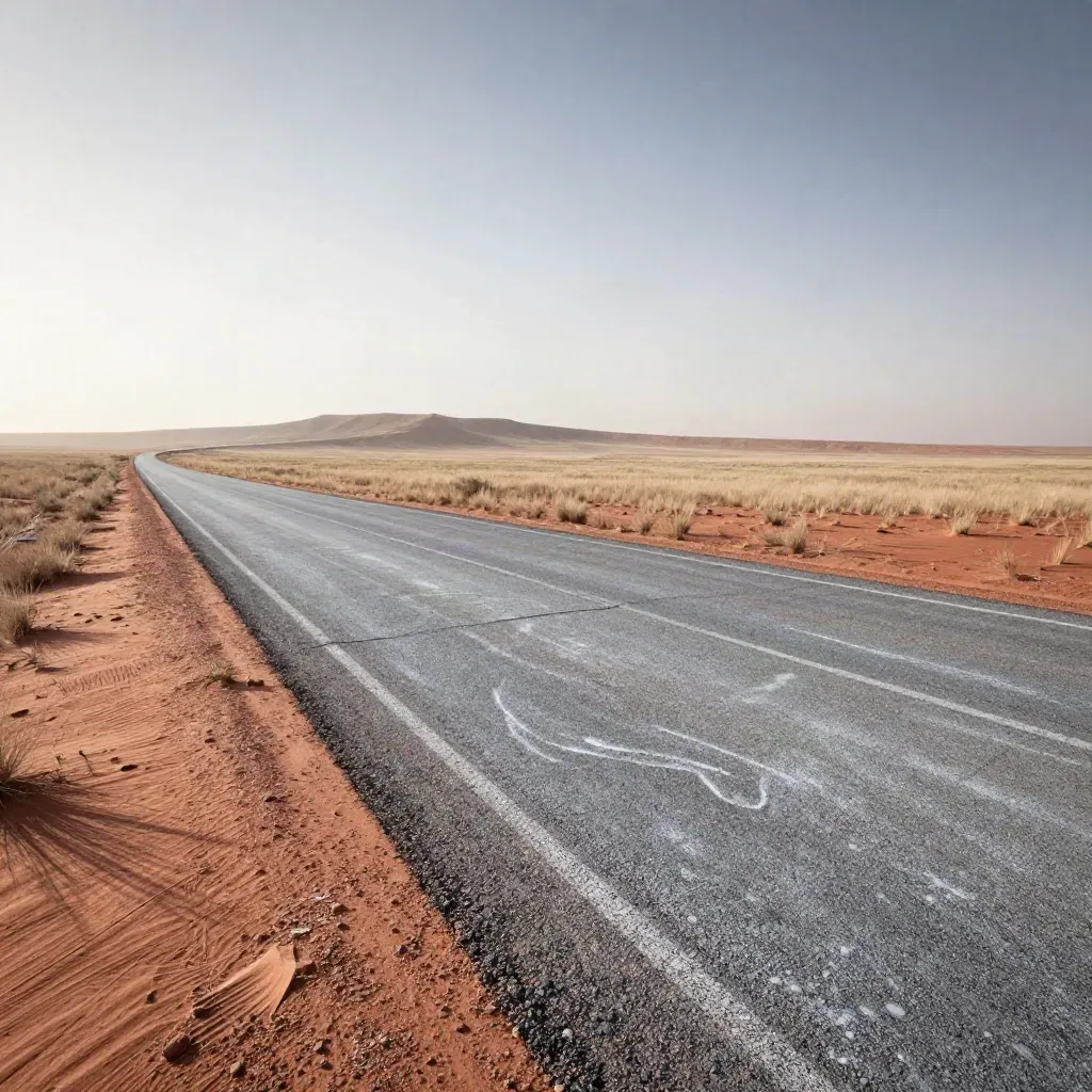 Weathered asphalt road across pale plains to a distant ridge under hazy sky