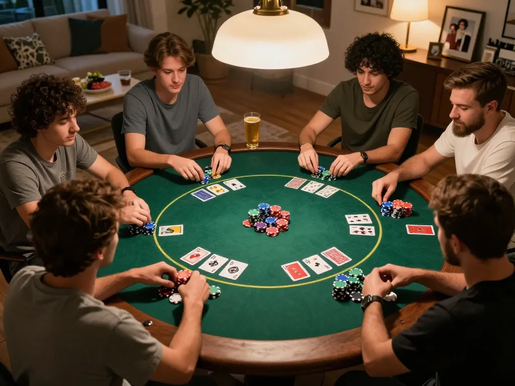 Friends enjoying a competitive poker game at home with MK8 atmosphere, vibrant colors, and social excitement.