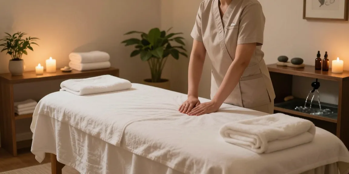 Relaxing massage therapy room showcasing관악구출장마사지 ambiance with professional therapist, soft lighting, and calming decor.