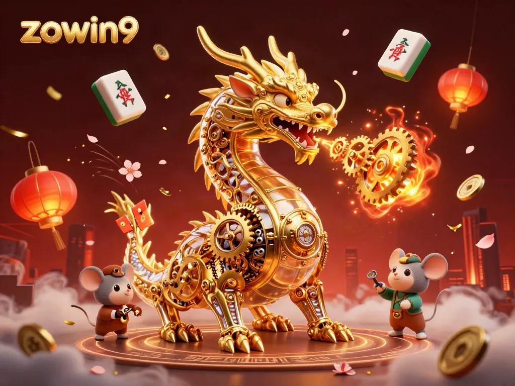 Witness the enchanting scene of zowin9 where a golden dragon breathes gears alongside traditional gaming elements.