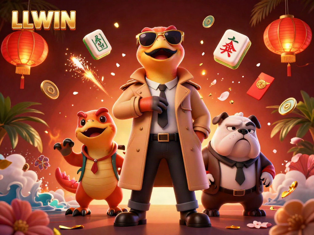 LLWIN showcases a fun scene of raptors in disguise at a casino, signifying playful gambling.