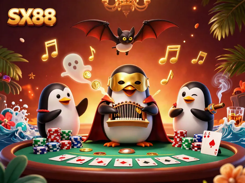 SX88 penguin playing organ surrounded by poker elements in vibrant casino scene.