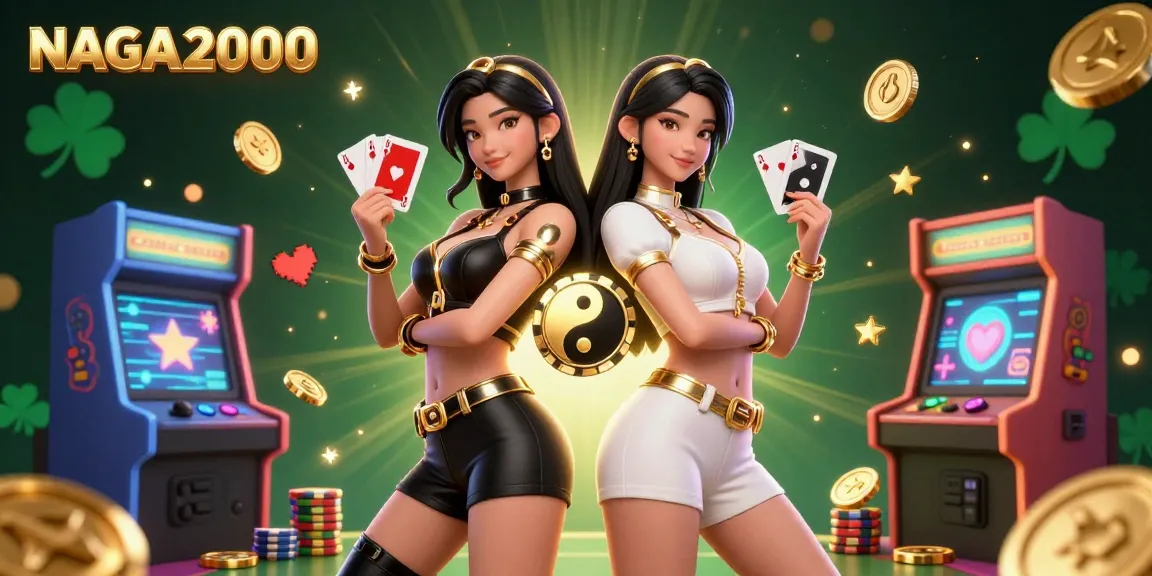 NAGA2000 menampilkan pasangan wanita yang kuat yang memegang kartu bermain, disertai dengan elemen kasino dan arcade yang cerah.