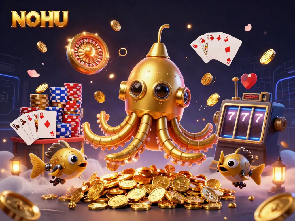 NOHU delivers an exciting experience with a golden kraken submarine surrounded by cascading coins and bonuses in this casino-themed scene.