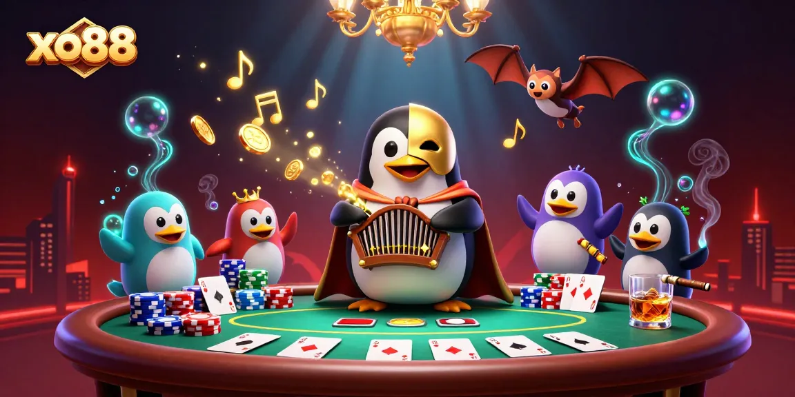Experience the thrilling world of xo88 with a captivating casino scene featuring a playful phantom opera penguin.