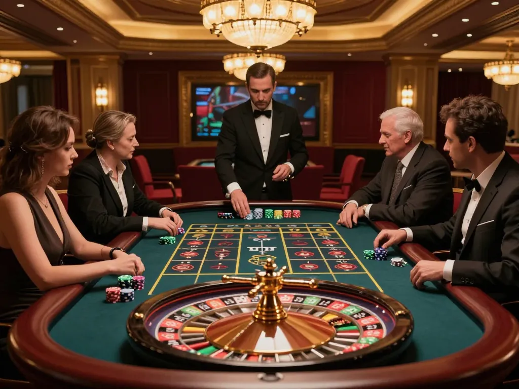 Players engaging at an upscale roulette table on their quest for slot gacor maxwin winnings, showcasing an exciting casino moment.