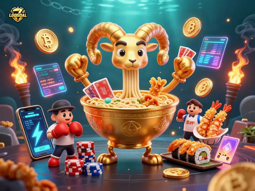 Join the excitement with LGOGOAL as the golden ramen bowl deals cards, surrounded by crypto elements and lively sushi characters.