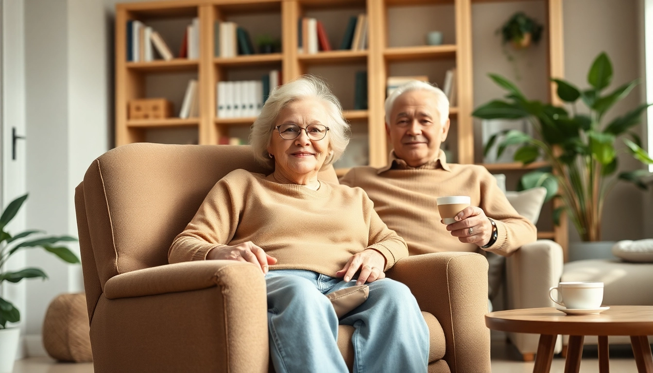 Comfortable elderly couple enjoying their modern power lift chair in a cozy living room.