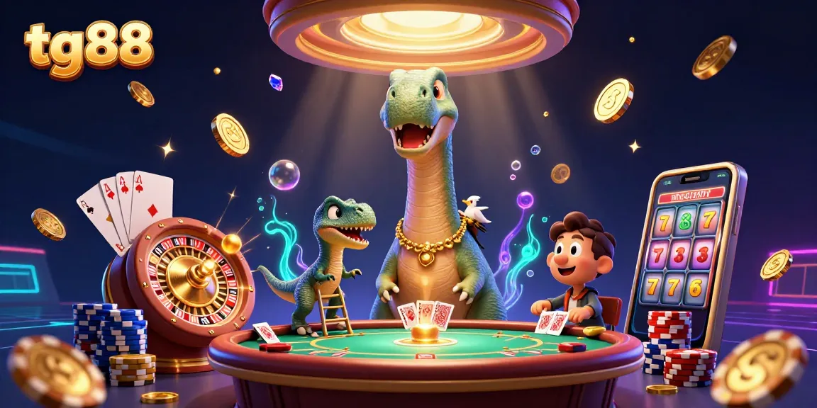 Engage with tg88's vibrant 3D casino scene featuring a massive brontosaurus dealer and colorful elements.