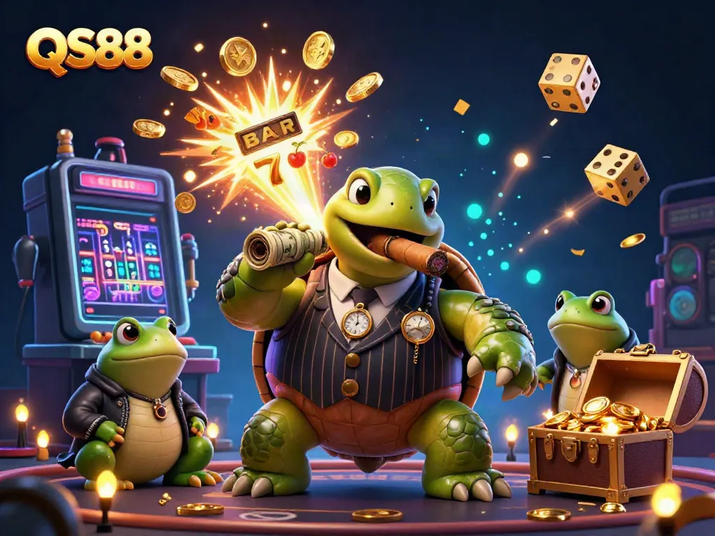 Experience the stunning QS88 casino with a snapping turtle mobster and bullfrog enforcers amidst a jackpot explosion.