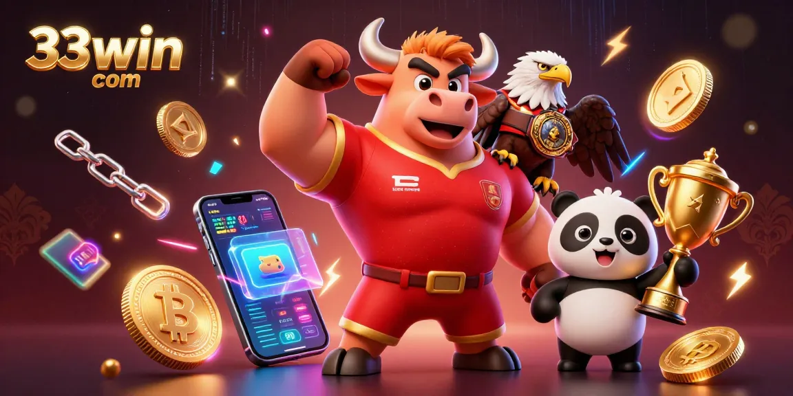 Experience winning with 33win com as a bull mascot and panda celebrate with crypto elements.