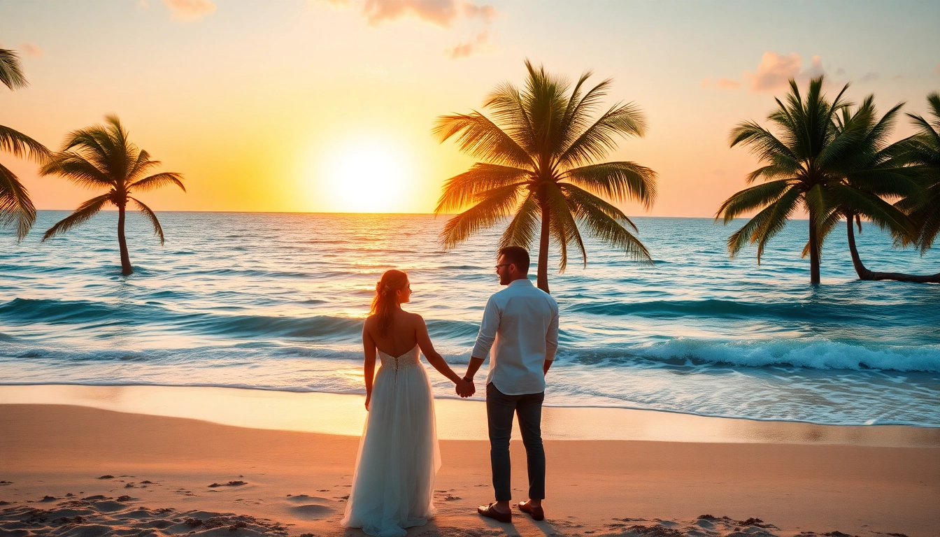 Destination photographer capturing a couple during a tropical beach wedding at sunset.