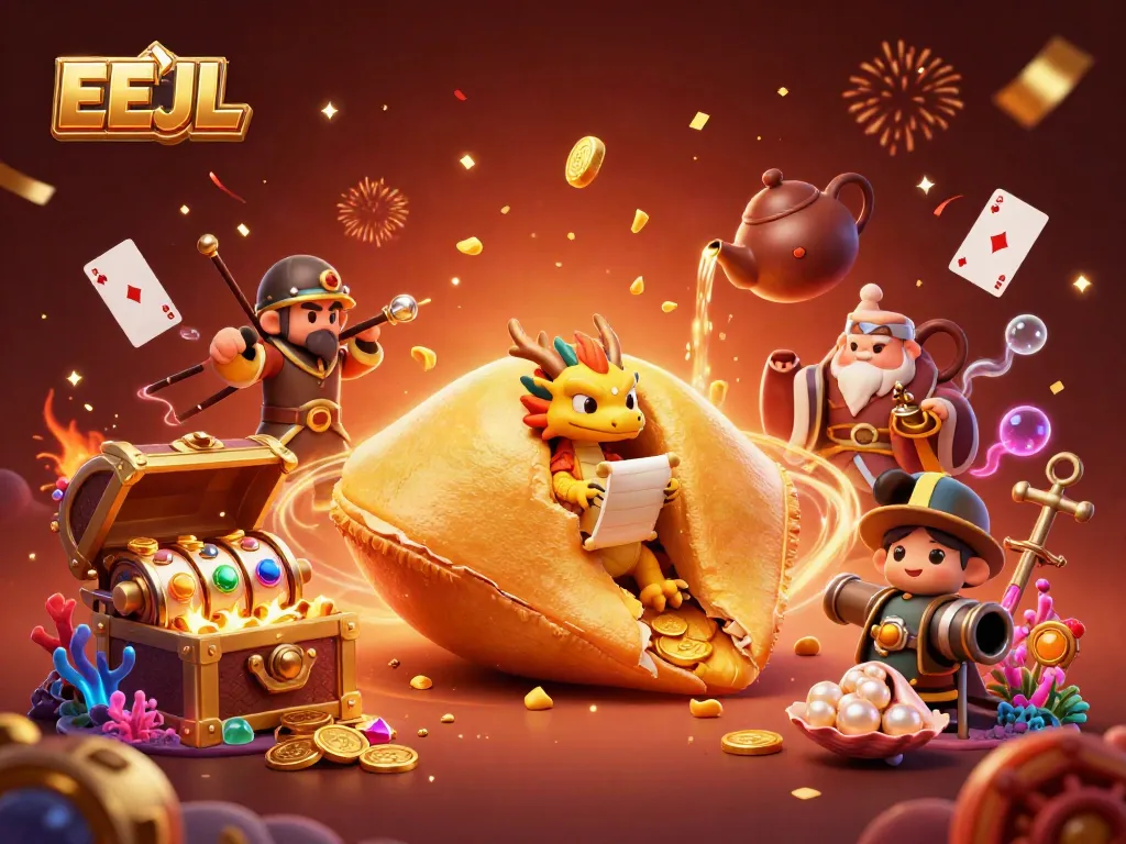 Spin the luck with EEJL's vibrant gaming paradise showcasing golden fortune cookie and lively casino elements.