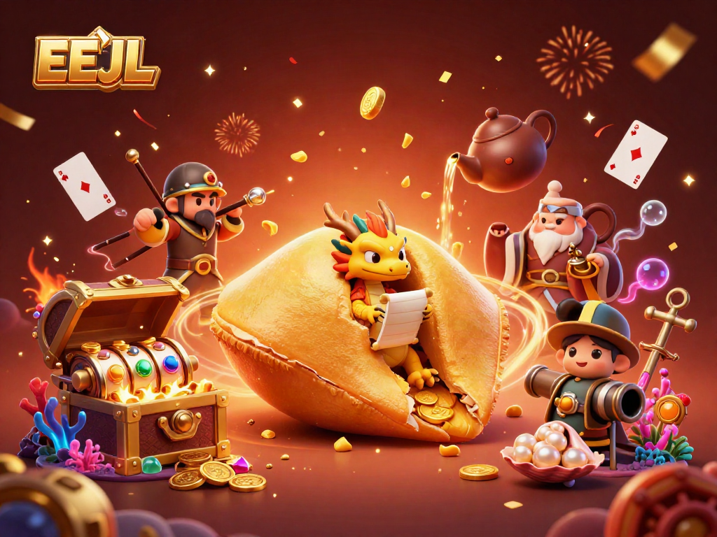 Spin the luck with EEJL's vibrant gaming paradise showcasing golden fortune cookie and lively casino elements.