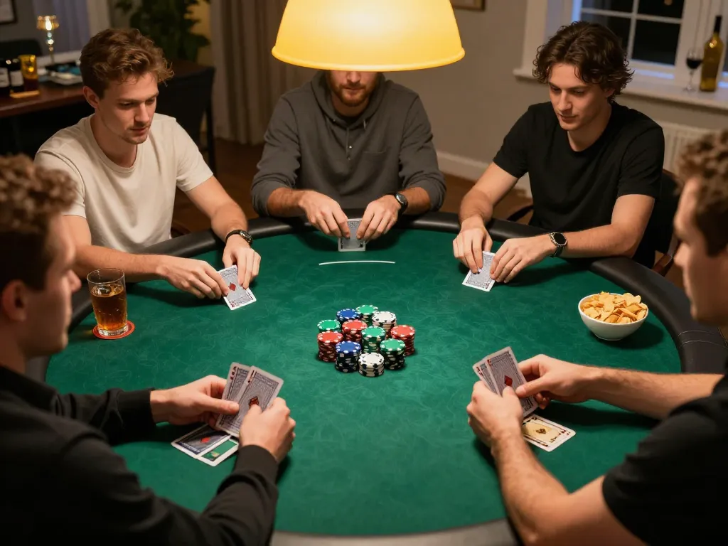 Nohu poker game showcasing players strategizing with hands of cards and colorful chips.