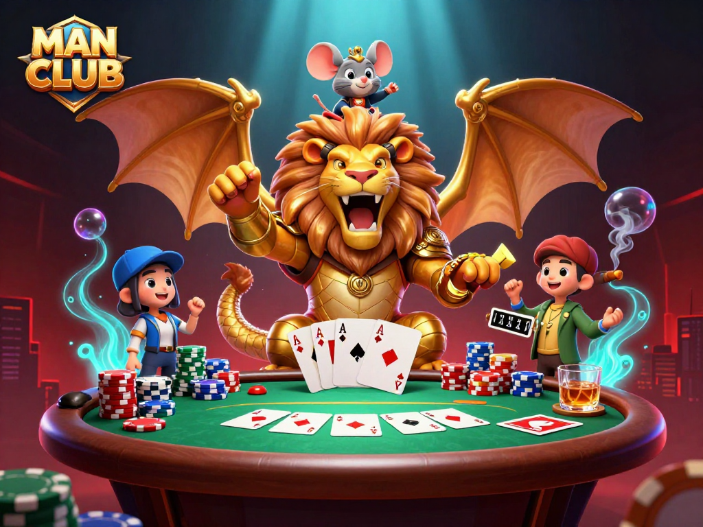 MAN CLUB showcases a triumphant chimera in golden armor at a vibrant poker table with dynamic game elements.