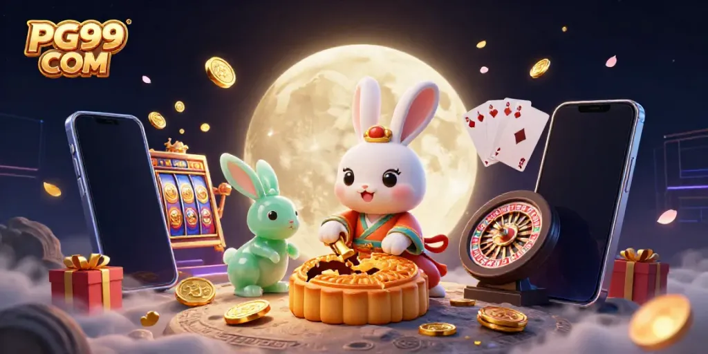 Engage with PG99 COM as a moon rabbit reveals poker chips inside mooncakes in a vibrant casino scene.