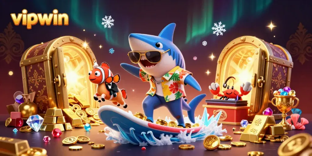 Experience the excitement of vipwin with vibrant 3D characters surfing on waves of gold coins and treasures.