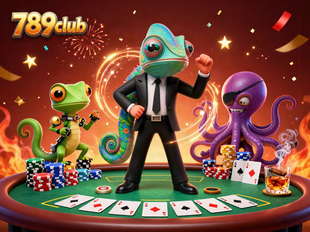 Immerse in the excitement of 789club with a dynamic poker scene featuring colorful chips, a clever chameleon agent, and an octopus villain.