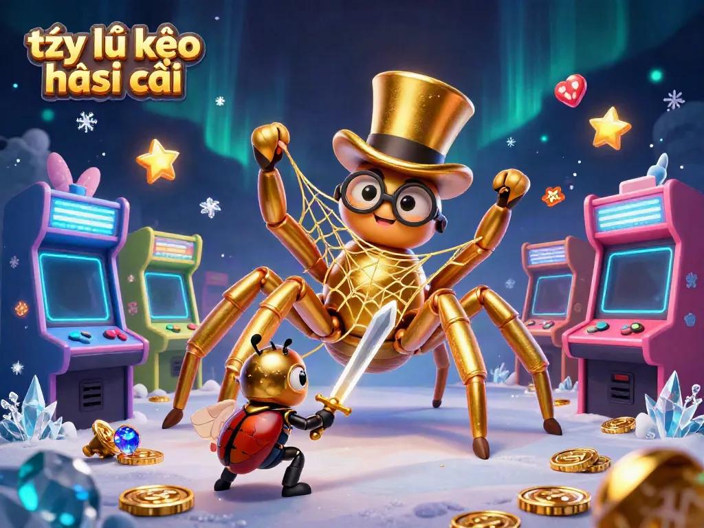 Engage with the thrilling world of tỷ lệ kèo nhà cái featuring a golden tarantula and a beetle knight in a vibrant casino scene.