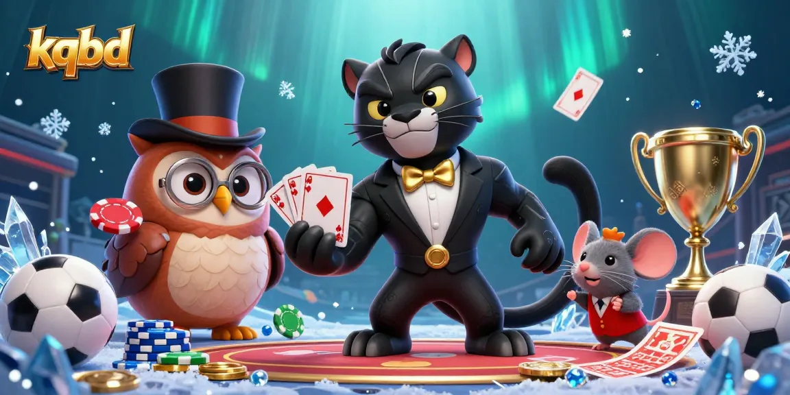 kqbd showcases a dynamic gambling scene with a black panther dealer, a poker owl, and a lucky mouse, amid sports elements.
