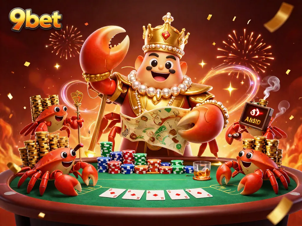 Experience the thrilling world of 9bet with a golden crab emperor overseeing an exciting poker game scene.