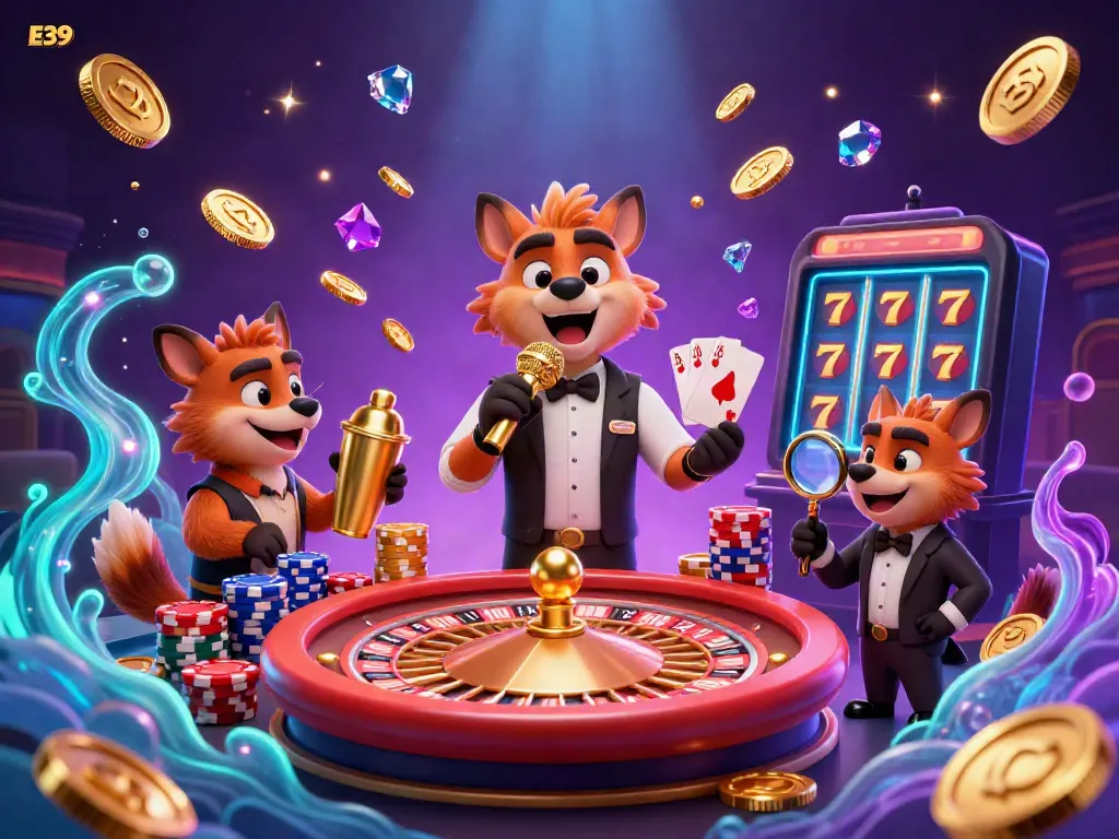 E39 hyena comedians perform in a vibrant casino scene filled with gold coins, cards, and slot machines.