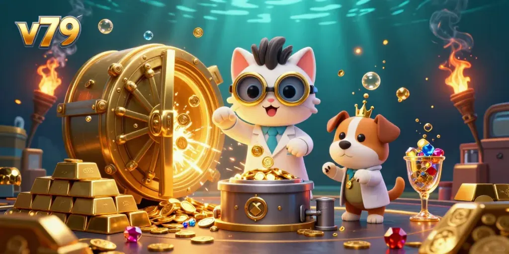 Engage with v79's vibrant casino experience featuring a mad scientist cat and a dog assistant creating gold coins.