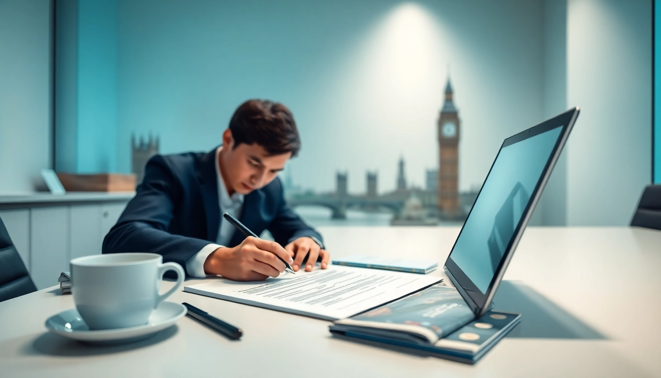 Completing the eta application uk for UK travel at a stylish desk with landmarks in view.
