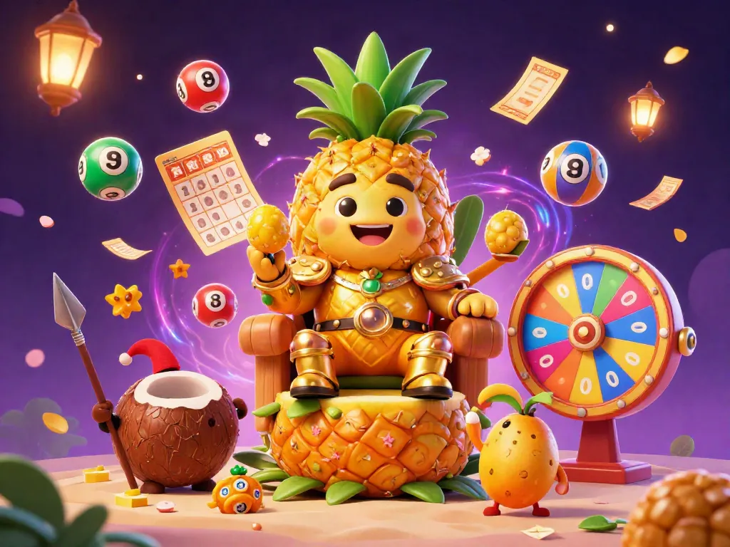 Mubet showcases vibrant casino excitement with a golden pineapple king and lottery elements in a dynamic scene.