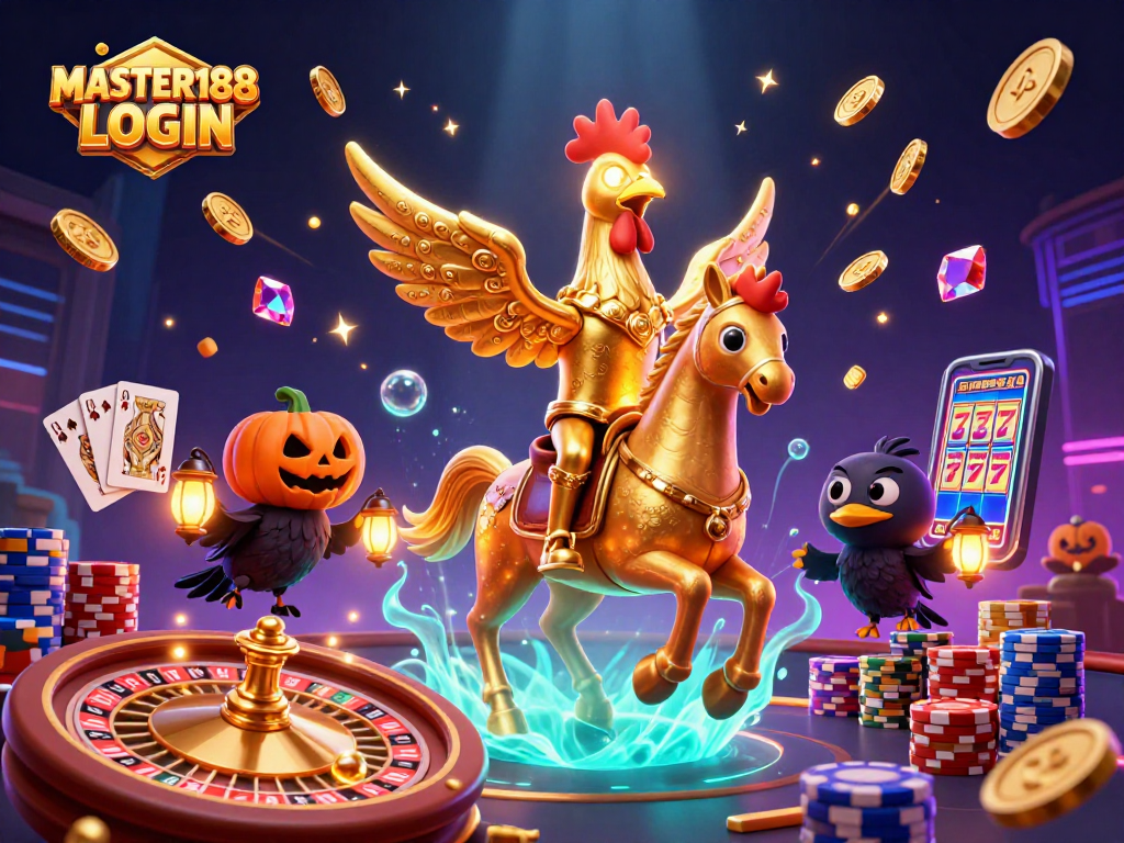MASTER188 LOGIN offers an engaging gaming experience with a golden rooster in a vibrant casino.