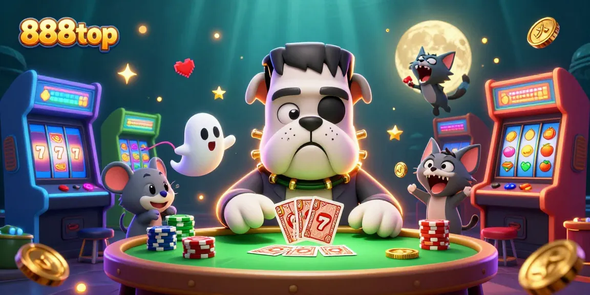 Experience the excitement at 888top with a lively casino scene featuring whimsical characters and engaging game elements.