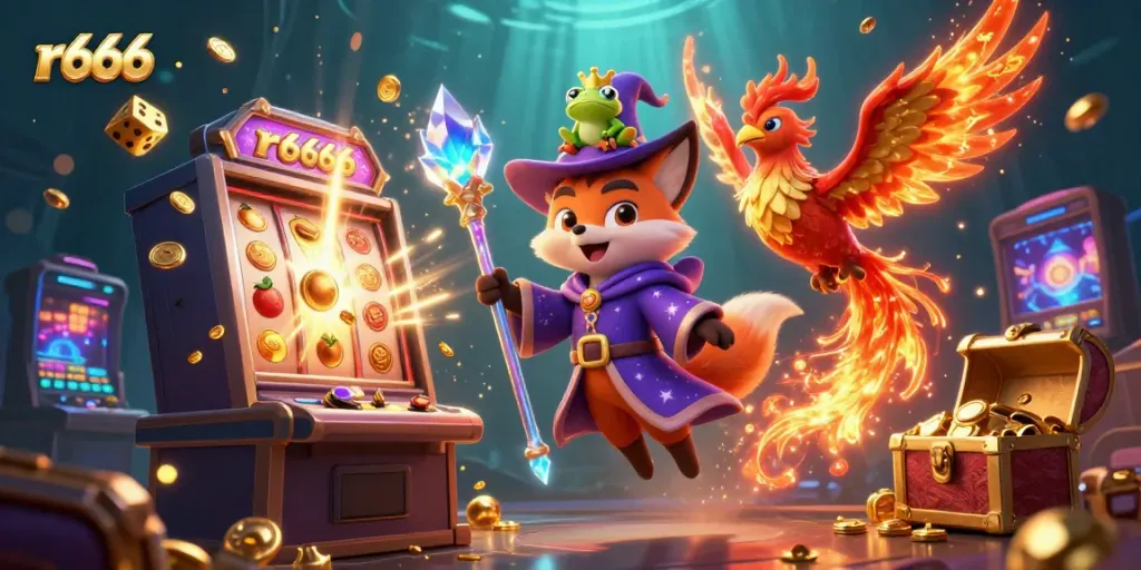 Experience the thrill of r666 in this vibrant, dynamic casino-themed 3D illustration featuring a wizard fox and a phoenix surrounded by slot machine excitement.