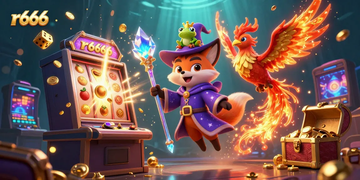 Experience the thrill of r666 in this vibrant, dynamic casino-themed 3D illustration featuring a wizard fox and a phoenix surrounded by slot machine excitement.