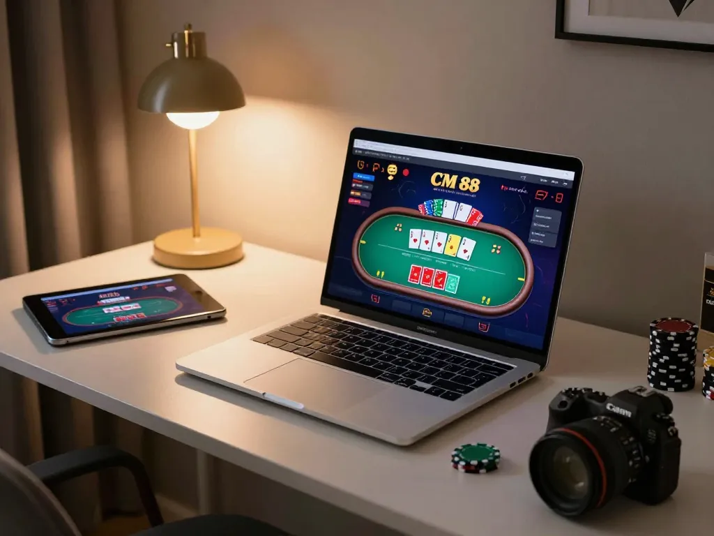 Player engaging with CM 88 online casino from a cozy home gaming setup, showcasing cards and chips.