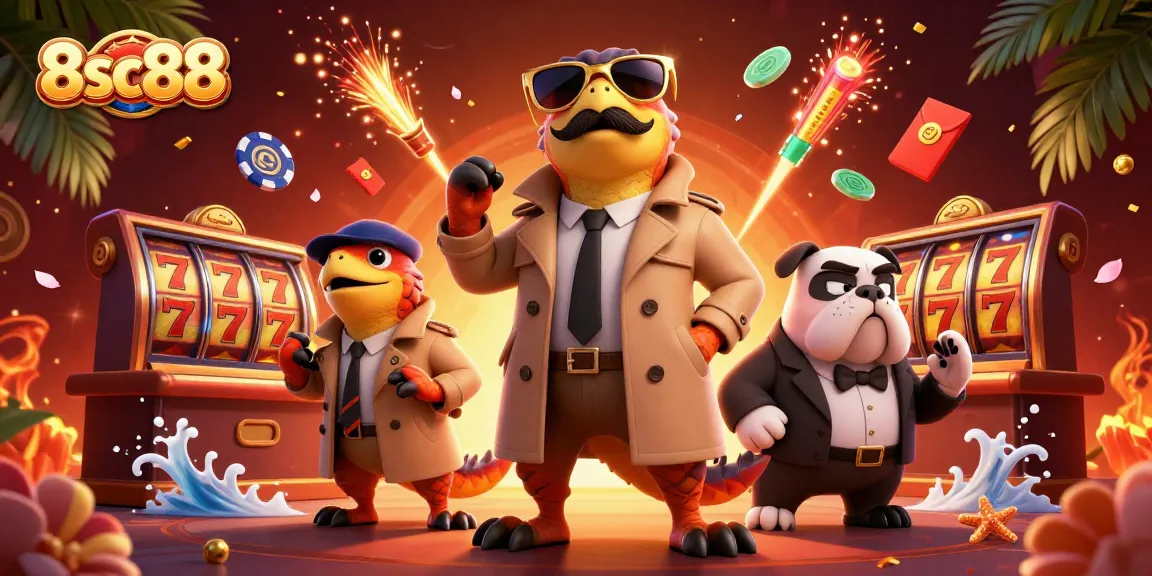 Join the fun at 8sc88 casino as playful raptors sneak into a VIP lounge filled with vibrant games.