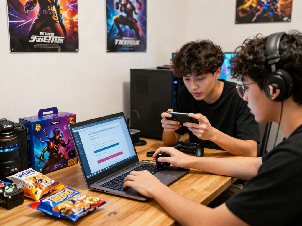 Individuals enjoying the rokok88 daftar registration process for an online gaming platform with devices and gaming merchandise.