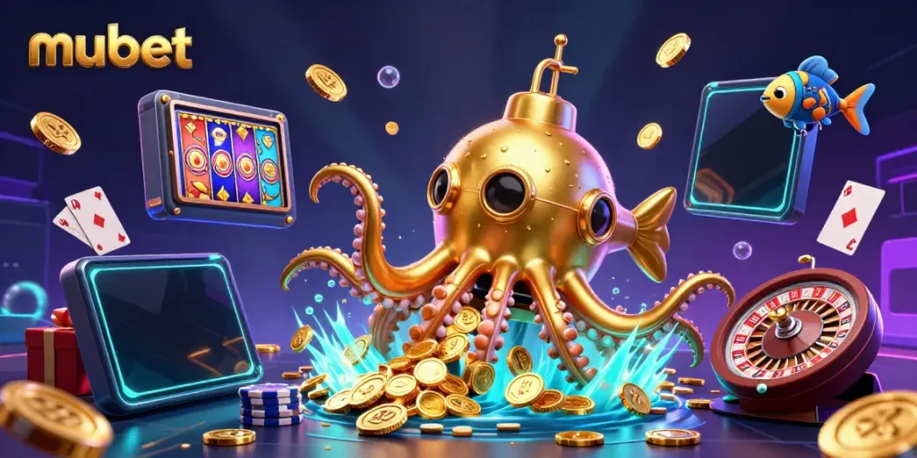 Experience exciting gameplay with mubet, showcasing a vibrant scene of a kraken submarine and casino elements, rich in detail.