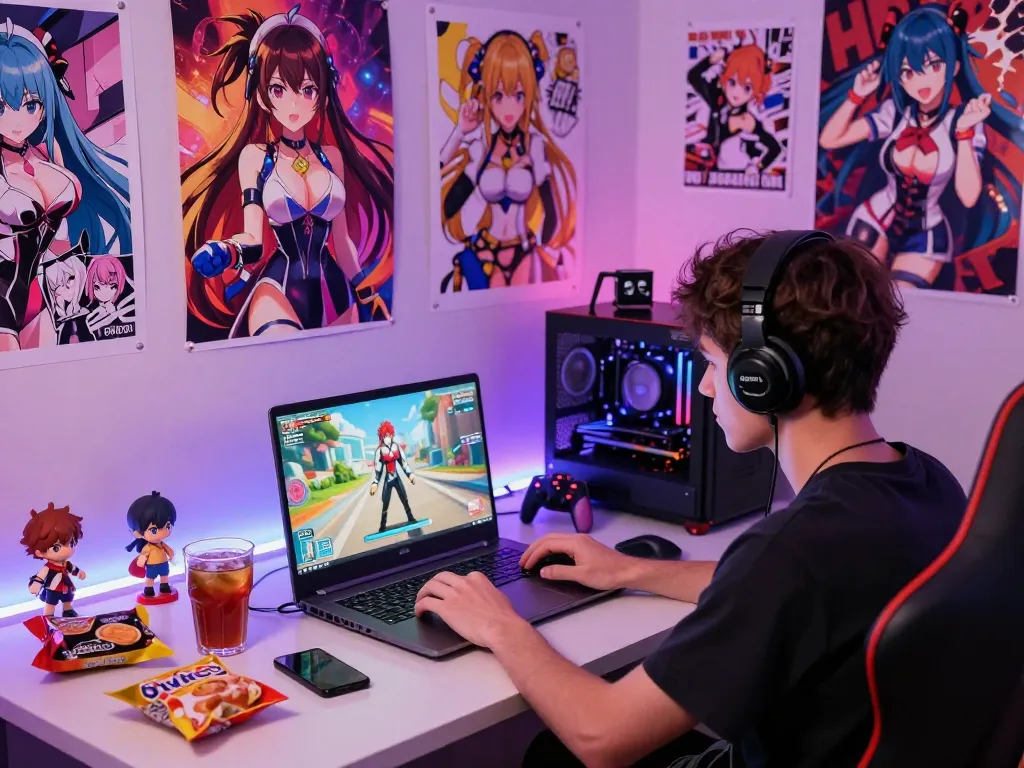 Engaged player enjoying a hentai game with vibrant character illustrations and snacks in a cozy gaming environment.