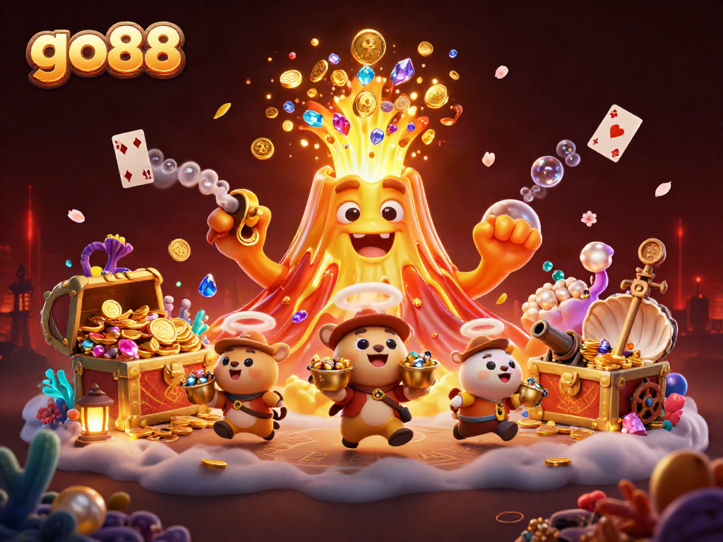 Engage with go88's thrilling gaming landscape featuring a golden volcano erupting treasures.